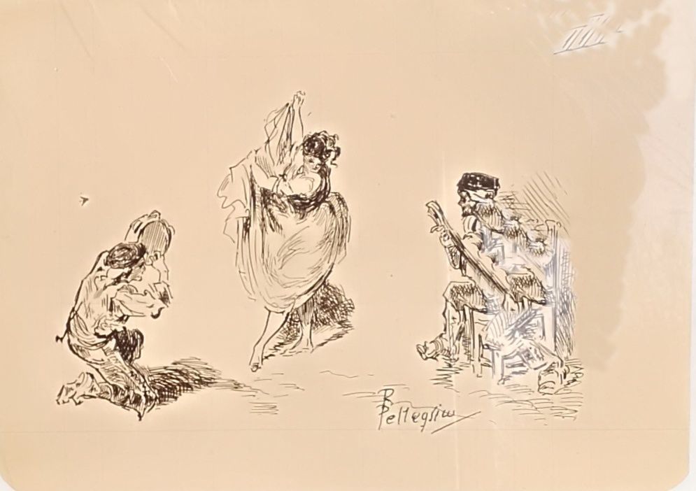 Riccardo Pellegrini 1864 -1934 disegno a china su carta ,scena di vita spagnola cm.15 x 21
